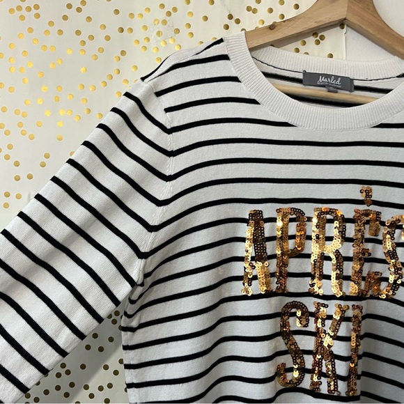 Marled Black & White Striped Pullover with Gold Sequin ‘Apres Ski’ size Medium - Picture 7 of 9